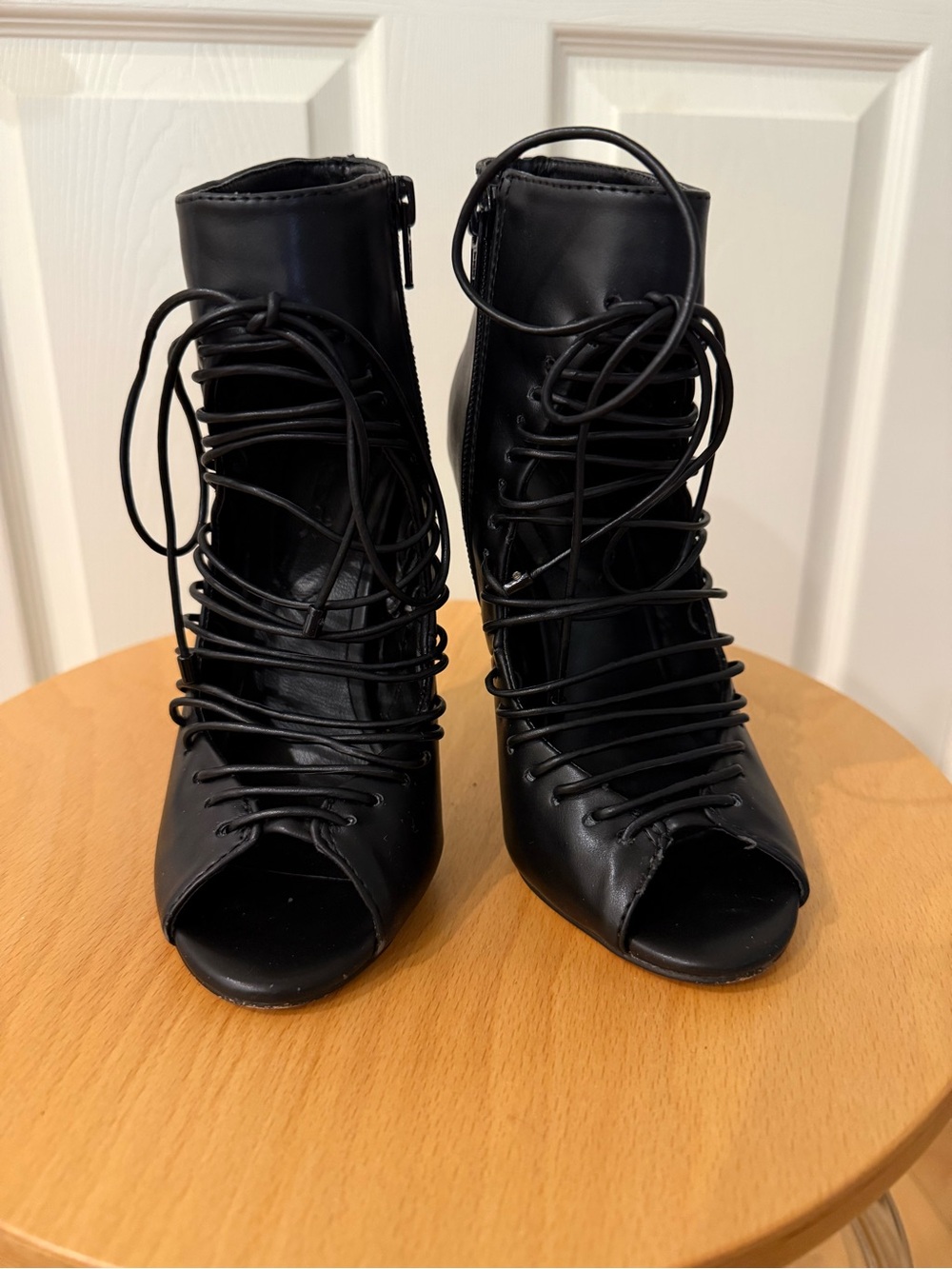 Black Lace-Up Peep Toe Women's Heeled Booties